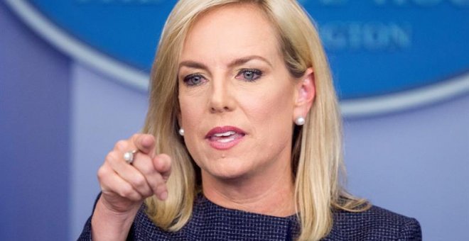 18/06/2018.- La secretaria de Seguridad Nacional de Estados Unidos, Kirstjen Nielsen, habla durante una conferencia de prensa en la que uno de los temas centrales fue el tema de inmigración y la separación de familias hoy, lunes 18 de junio de 2018, en la