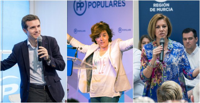 Pablo Casado, Soraya Sáenz de Santamaría y María Dolores de Cospedal, en diferentes actos de sus campañas para la Presidencia del PP. EFE