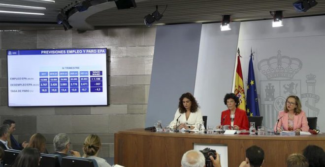 Las ministras de Hacienda María Jesús Montero (i), la ministra Portavoz Isabel Celaá, y de Economía Nadia Calviño (d), durante la rueda de prensa en la que se presentó el nuevo techo de gasto para 2019.(BALLESTEROS | EFE)