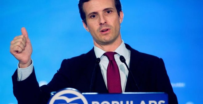 El presidente del PP, Pablo Casado, durante una rueda de prensa. / EFE