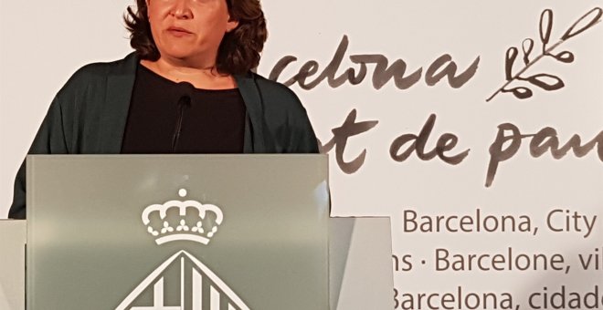 La alcaldesa de Barcelona, Ada Colau, en su declaración institucional la víspera del aniversario del 17A. EUROPA PRESS