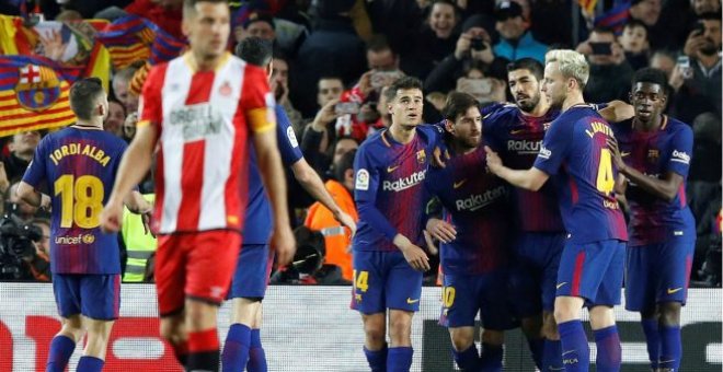 Los jugadores del Barça celebran uno de los goles ante el Girona en el encuentro liguero disputado el pasado 24 de febrero. EFE
