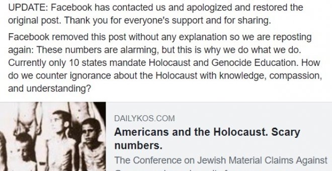 Publicación del Centro Anne Frank para el Respeto Mutuo censurada por Facebook por la fotografía de los niños desnudos víctimas del Holocausto./Facebook