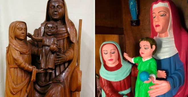 Una figura de la Virgen con el Niño y Santa Ana, antes y después de la polémica restauración.