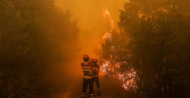 Varios bomberos tratan de detener el avance del fuego en Pedrógão Grande.- EFE