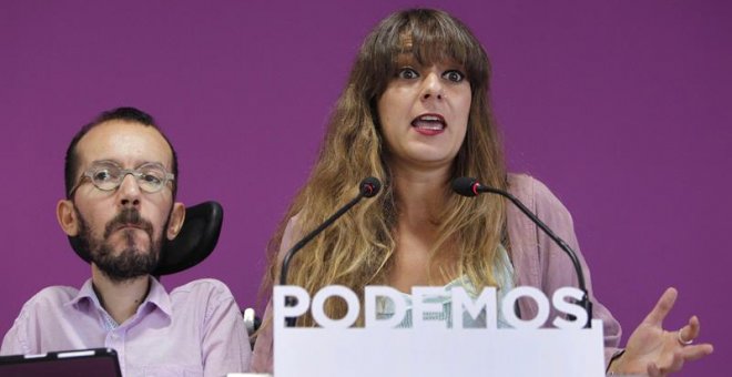 Los portavoces de Podemos Pablo Echenique y Noelia Vera comparecen en rueda de prensa tras el Consejo de Coordinación de Podemos. EFE/Paolo Aguilar