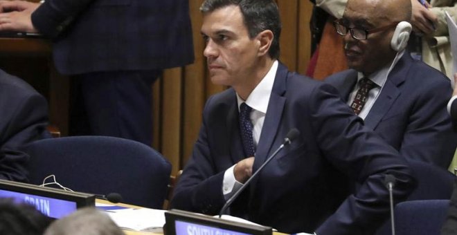 El presidente del Gobierno español, Pedro Sánchez, participa en la reunión de alto nivel sobre acción para el mantenimiento de la paz organizada en la sede de Naciones Unidas, en Nueva York. (BALLESTEROS | EFE)