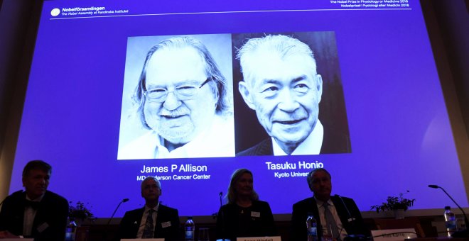 El estadounidense James P. Allison y el japonés Tasuku Honjo, ganadores del Nobel de Medicina. - REUTERS