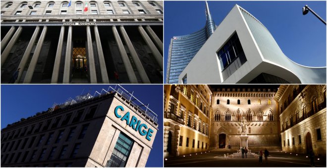 Las sedes de los bancos italianos Intesa San Paolo, Unicredit, Carige e Monte dei Paschi. REUTERS