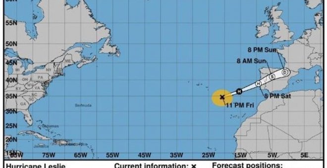 El ciclón tropical Leslie muy probablemente tocará tierra cerca de Lisboa y se despazará por el interior de la península hacia el nordeste. Cuando Leslie toque tierra posiblemente ya no sea un huracán, sino un potente ciclón post-tropical, con rachas de