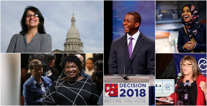 De izquierda a derecha y de arriba a abajo, los candidatos demócratas Rashida Tlaib, Andrew Gillum, Ilhan Omar, Stacey Abrams, y Christine Hallquist. REUTERS/AFP