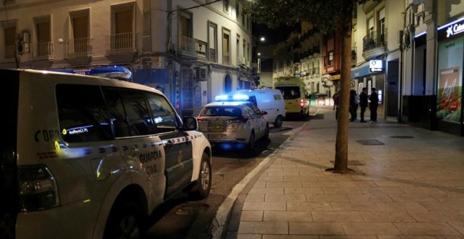Dos vehículos de la Guardia Civil, Policía Local y una ambulancia en la Plaza de España de la localidad pacense de Don Benito donde esta madrugada ha fallecido un Guardia Civil por una herida de arma blanca. - EFE