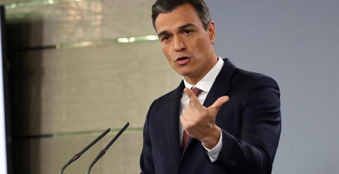 El presidente del Gobierno, Pedro Sánchez, durante la rueda de prensa que ha ofrecido en el Palacio de La Moncloa. - EFE