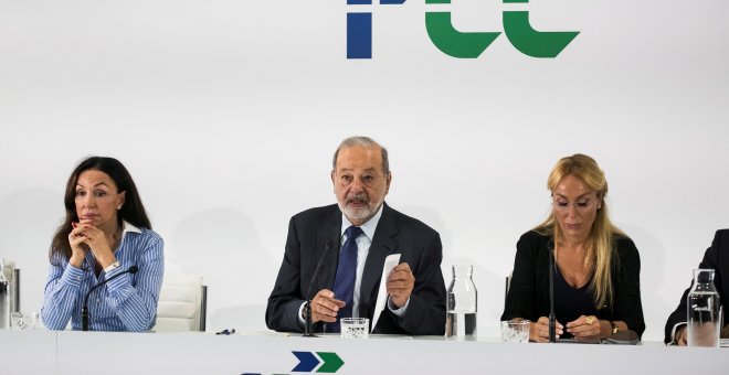 Esther Koplowitz, Carlos Slim, y Esther Alcocer Koplowitz, en la presentación del plan estratégico de FCC. EFE