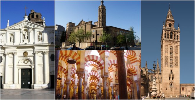 Imágenes de la Seo de Zaragoza, de la iglesia de San Juan de los Panetes, de la Mezquita de Córdoba, y de la Giralda de Sevilla.
