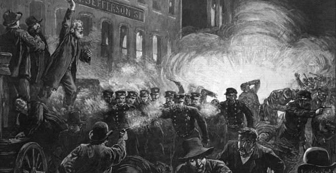 Ilustración sobre la bomba que estalló en Chicago, que condenó a la horca a los Mártires de Chicago.
