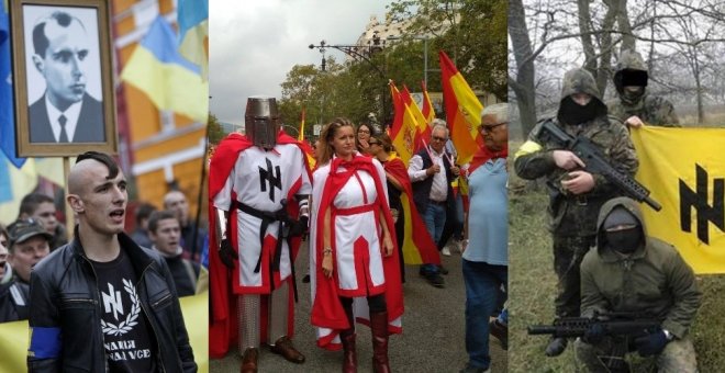 A la izquierda, nazis de Svoboda manifestándose en Kiev. En el centro, el líder del Frente Nacional Identitario del que era simpatizante el francotirador manifestándose por la unidad de España en Barcelona y a la derecha paramilitares del grupo nazi ucran