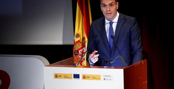 Pedro Sánchez, durante su intervención en la inauguración del Encuentro Futuro+Progreso+FP en el museo del Prado. EFE/Chema Moya