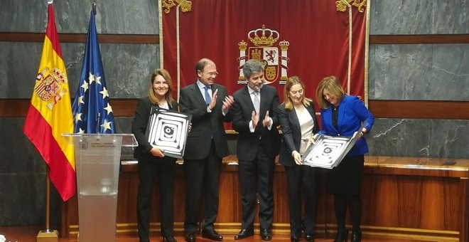 El presidente del Tribunal Supremo y del CGPJ, Carlos Lesmes, durante la entrega de los premios del Observatorio contra la Violencia Doméstica y de Género. E.P.