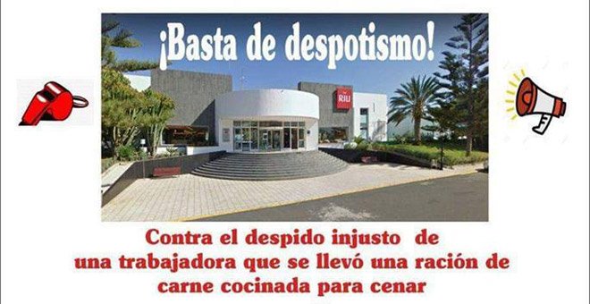 Cartel de la "gran pitada" contra el hotel que despidió a una trabajadora por llevarse "una ración de carne cocinada para cenar".