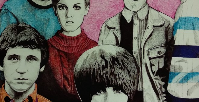 Ilustración de Tete Navarro en la que se puede ver a Long John Baldry, Twiggy, Roger Daltrey, David Bowie, Kenney Jones y Julie Driscoll vestidos con indumentaria mod