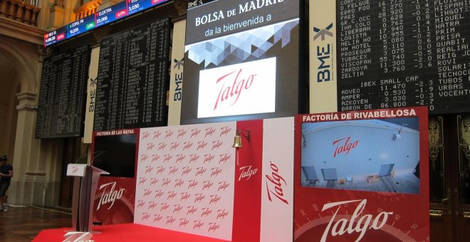 Escenario de Talgo en la Bolsa de Madrid en el primer día de cotización del fabricante ferroviario. E.P.