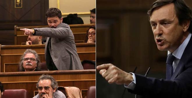 Gabriel Rufián (ERC) y Rafael Hernando, en dos momentos de tensión en el Congreso. (REUTERS | EFE)