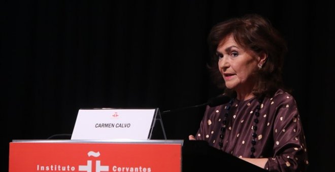 La vicepresidenta del Gobierno, Carmen Calvo, durante el acto de homenaje a Nicolás Sánchez-Albornoz.- EP