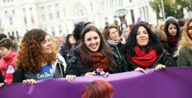 La portavoz de Unidos Podemos en el Congreso, Irene Montero, en la manifestación de Madrid contra la violencia machista. Foto: @AHORAPODEMOS / TWITTER