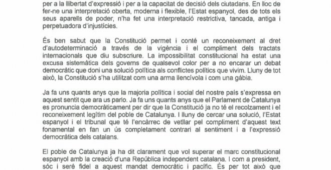 Carta enviada por Quim Torra al Congreso, el Senado y la delegada del Gobierno en Catalunya.