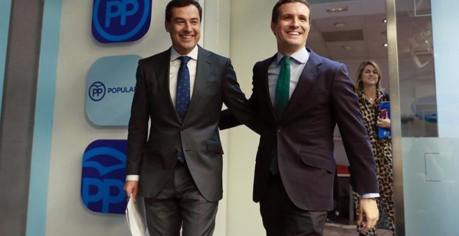 El presidente del PP, Pablo Casado (d), junto al candidato del PP a la Junta, Juanma Moreno (i), se dirigen a la rueda de prensa tras la reunión hoy del Comité Ejecutivo Nacional de su partido para analizar el resultado de las elecciones andaluzas. /EFE