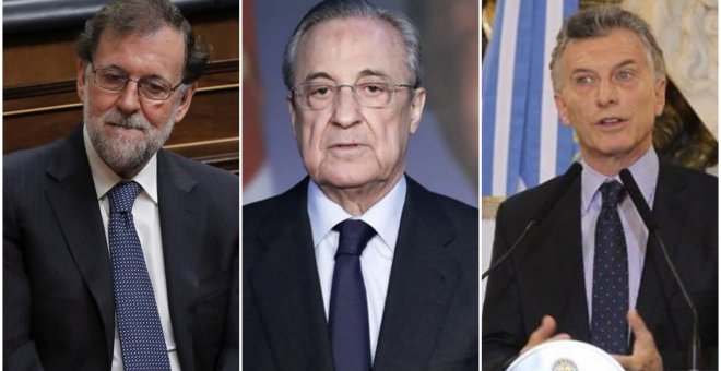 De izquierda a derecha: Mariano Rajoy, Florentino Pérez y Mauricio Macri.