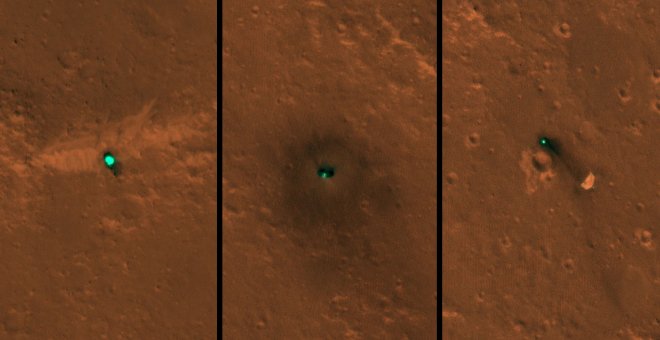 La nave espacial InSight de la NASA, su escudo térmico y su paracaídas fotografiados el 6 y 11 de diciembre por la cámara HiRISE a bordo del Orbitador de Reconocimiento de Marte de la NASA | NASA/JPL-Caltech/Universidad de Arizona