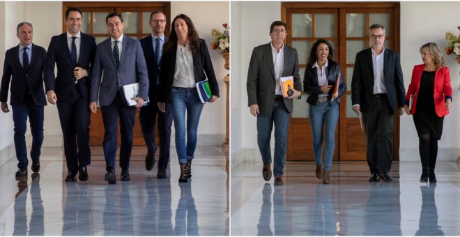 Los equipos negociadores de PP y Ciudadanos, encabezados por Juanma Moreno y Juan Marín respectivamente, a su llegada al Parlamento andaluz a la segunda reunión  para tratar sobre el cambio de Gobierno en Andalucía. EFE/Julio Muñoz