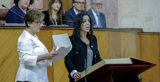 La diputada almeriense de Ciudadanos Marta Bosquet, durante su intervención tras ser elegida presidenta de la Cámara andaluza, con los votos de su grupo, del PP-A y de Vox, convirtiéndose así en la primera de la formación naranja al frente de un Parlament