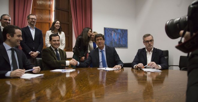 Los líderes del PP y Cs en Andalucía, Juan Manuel Moreno Bonilla y Juan Marín, se estrechan la mano tras la firma del acuerdo de investidura para la Junta. E.P.