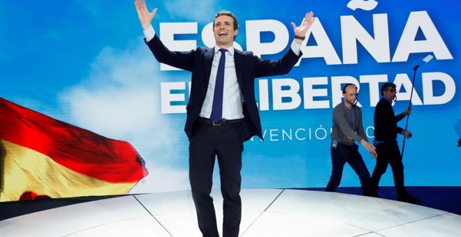 El presidente del PP, Pablo Casado, durante la clausura de la Convención Nacional del Partido Popular que se ha celebrado desde el viernes el Recinto Ferial IFEMA de Madrid. EFE/Chema Moya