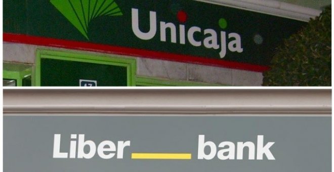 Los logos de Unicaja y Liberbank, en sendas sucursales. E.P.
