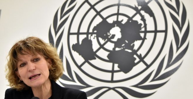 Imagen de archivo de Agnes Callamard, relatora especial de la ONU sobre asesinatos extrajudiciales, durante una conferencia de prensa en San Salvador | AFP