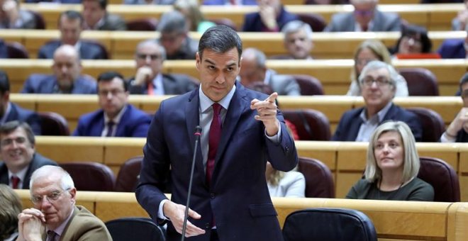 El presidente del Gobierno, Pedro Sánchez, durante su intervención, este martes, en la sesión de control al Gobierno en el Senado, el último pleno de la legislatura. EFE/Kiko Huesca