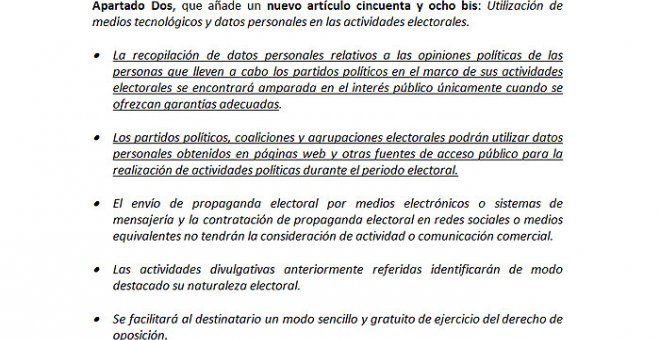 Texto del artículo 58 bis en la Ley Electoral, objeto de la petición del recurso de inconstitucionalidad.