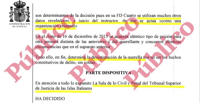 Fragmento del auto del TSJ de Baleares desestimando la querella de un imputado de Cursach contra el juez que instruyó la causa.