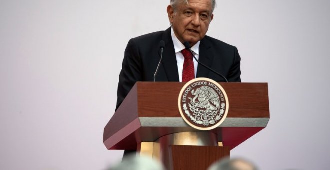 El presiodente de México, Andres Manuel Lopez Obrador, en una intervención el pasado 22 de marzo en el Palacio Nacional con motivo de los 100 días de su llegada al poder. AP/Pedro Pardo