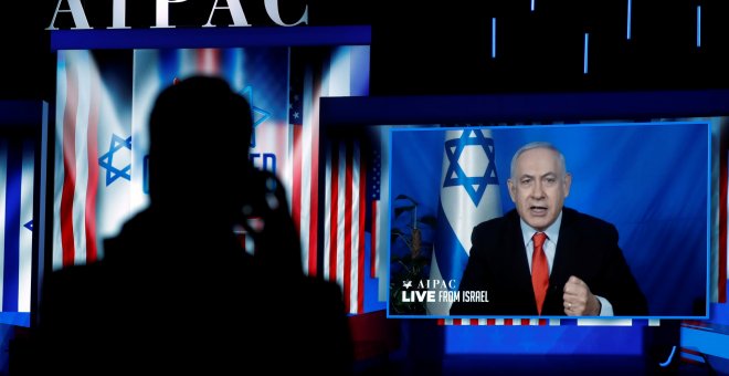 26/03/2019 - El primer ministro israelí, Benjamin Netanyahu, en una videoconferencia en un acto del AIPAC en Washington, (Estados Unidos). / REUTERS - KEVIN LAMARQUE