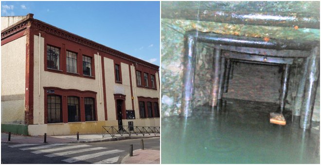 A la izquierda, el antiguo colegio Público  Fernán Caballero, en Vallecas, y a la derecha el posible refugio de la Guerra Civil encontrado cuatro metros bajo el suelo en la parcela de este colegio.- AYUNTAMIENTO DE MADRID