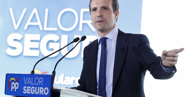 El presidente del PP, Pablo Casado, durante la presentación en Barcelona del programa de su partido para las próximas elecciones generales. EFE/Andreu Dalmau