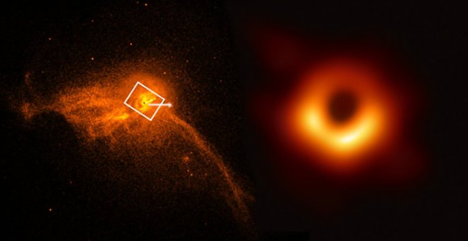 En el núcleo de la galaxia M87 (a la izquierda) se ha captado la primera imagen de un agujero negro (a la derecha). / Primera foto de NASA/CXC/Villanova University/J. Neilsen y segunda de la colaboración EHT
