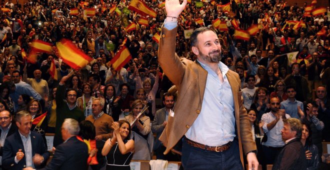15/04/2010 - El candidato de Vox a la presidencia del Gobierno, Santiago Abascal, durante el mitin ofrecido este lunes en Valladolid | EFE/ Nacho Gallego
