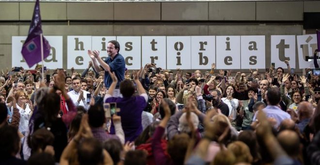 El lñíder de Podemos, Pablo Iglesias, durante el mitin electoral