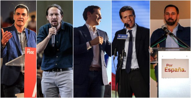 Los candidatos de PSOE, Pedro Sánchez; Unidas Podemos, Pablo Iglesias; Ciudadanos, Albert Rivera; PP, Pablo Casado; y Vox, Santiago Abascal. EFE